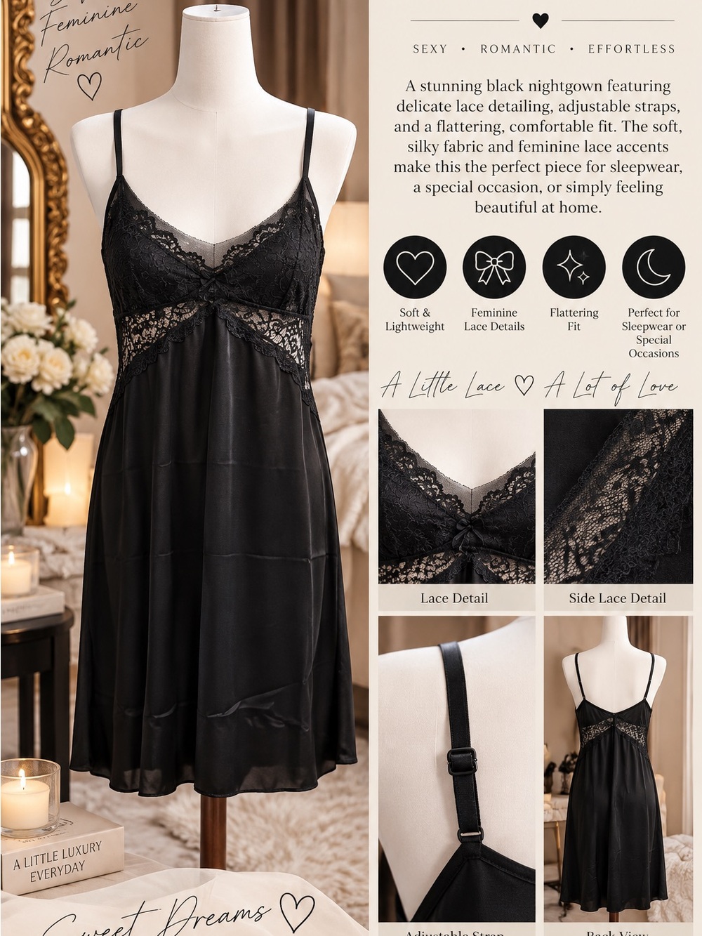 Black Lace Trim Satin Nightgown – Women’s Sleepwear